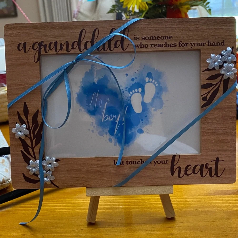 Wooden Baby Boy Photo Frame with Blue Accents with Easel